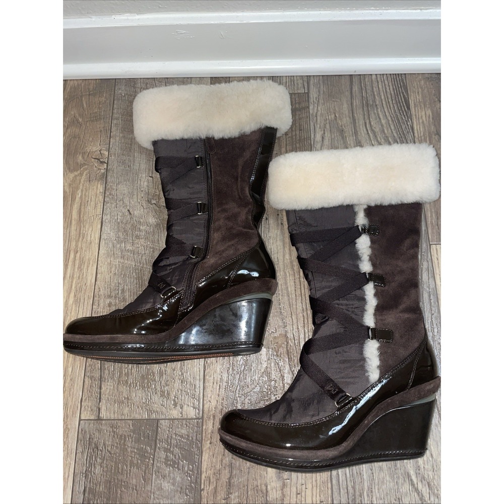 Cole Haan Shearling Suede Nylon Wedge Boots Sz 9 Women